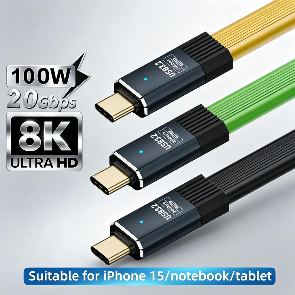 Плоский USB-C на USB-C Кабель USB3.2 20 Гбит/с Передача Совместим с Thunderbolt 3 PD 100 Вт 5 А Шнур для Быстрой Зарядки для iPhone 15/16 Pro, MacBook, Samsung и Xiaomi