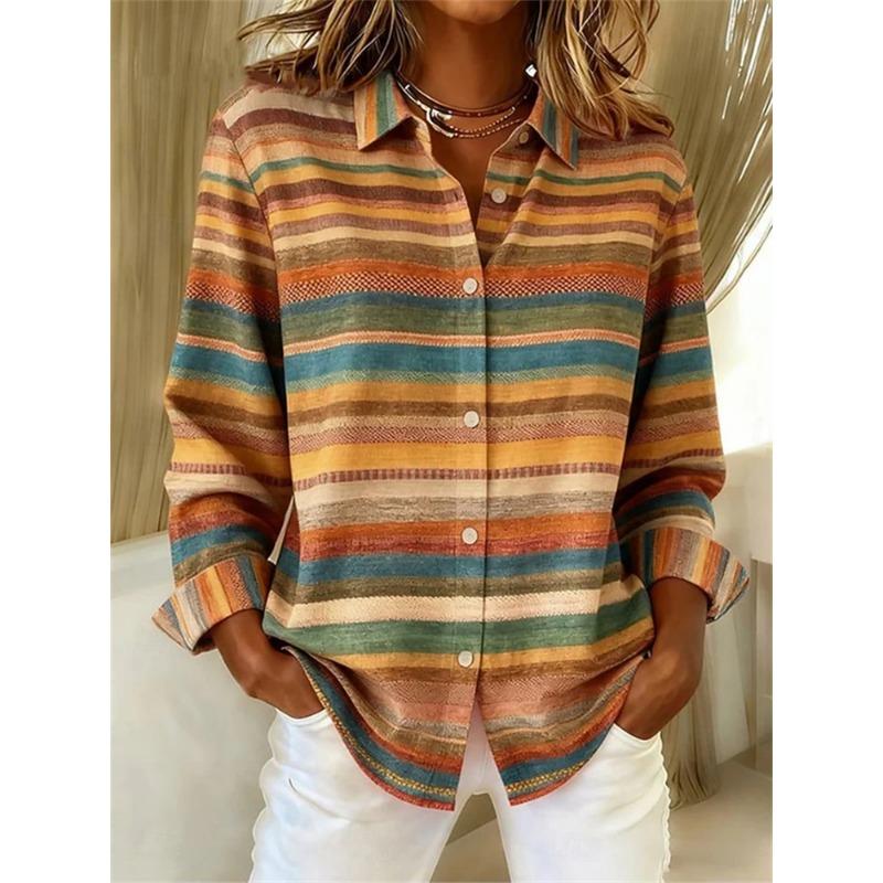 Fashion Gradient Single-Button Women's Shirt Casual Everyday Comfortable Long-Sleeve Collared Shirt Loose-Fit Shirt
