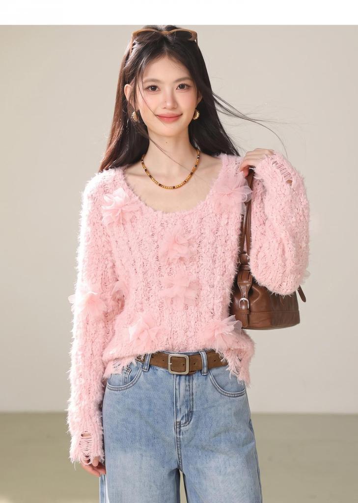 French Heavy Feather Patchwork Pink Knit Sweater - Autumn Fashion Loose Fit Top