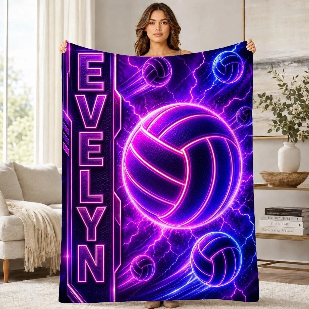 Evelyn Neon Volleyballs Coral Fleece Blanket Sports Name Decor
