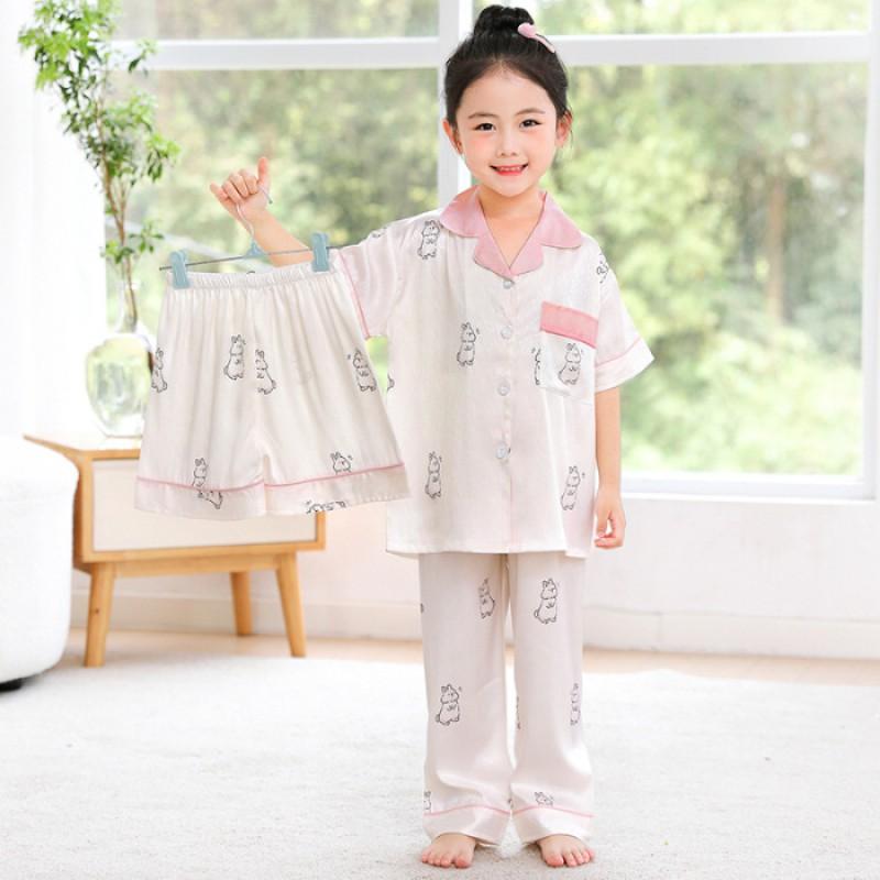 Girls Ice Silk Pajama Set 3pcs Short Sleeve Sleepwear Kids Comfortable Lightweight Home Outfit