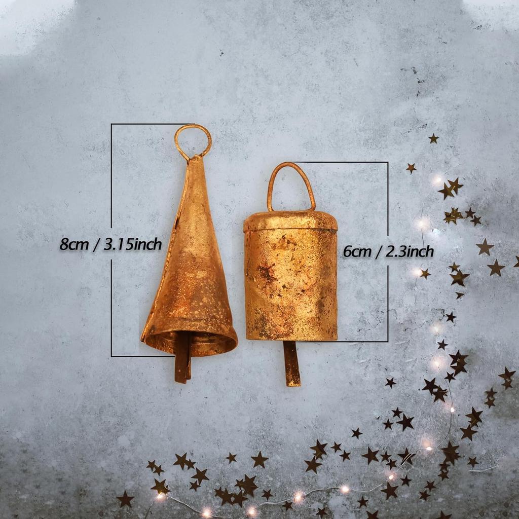 10 Handmade Rustic Gold Iron Bells for DIY Crafts, 3.15 Inch Vintage Jingle Bells for Christmas Wreaths and Boho Wind Chimes Decor
