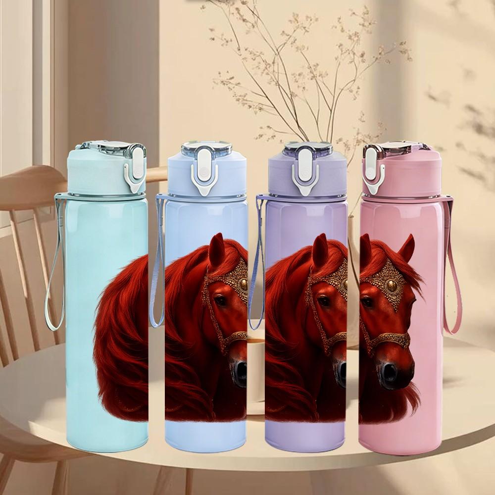 1PC Red Horse Head Portrait Print 750ml Color Plastic Sports Water Bottle Leakproof Flip Straw Lid Suitable for Sports Office Home Use
