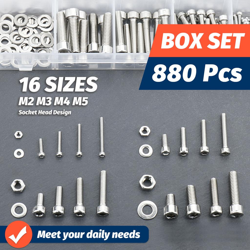 880 Metric Bolt Assortment M2 M3 M4 M5 Stainless Steel Screws Nuts and Washers 8mm-20mm Hex Socket Head Cap Machine Screw Silver
