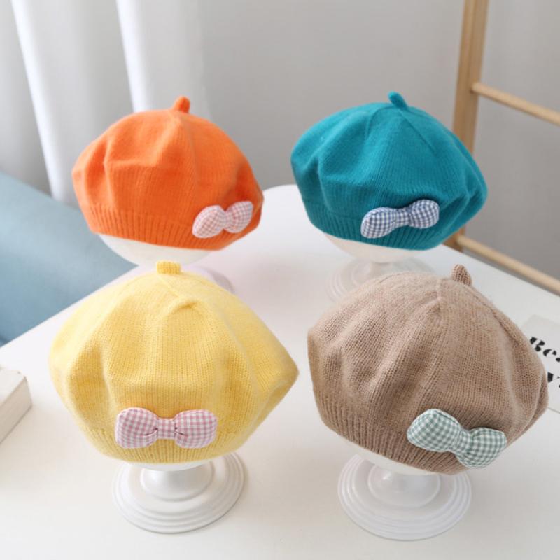 Fashion Baby Hat Solid Color Flower Girls Warm Beret Vintage Knitted Beret Hat Kids Autumn Winter Children Artist Painter Cap