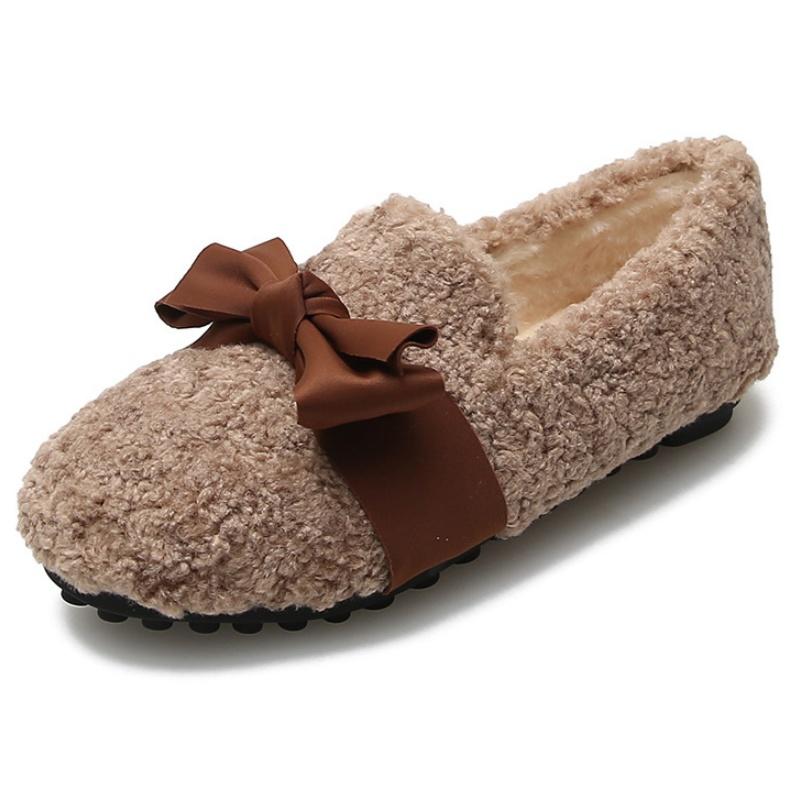Модная женская обувь в корейском стиле с мелким вырезом, 2025, зимняя, меховая, удобные лоферы, повседневная, мягкая, теплая, на плоской подошве, с бантом, слипоны, женская обувь