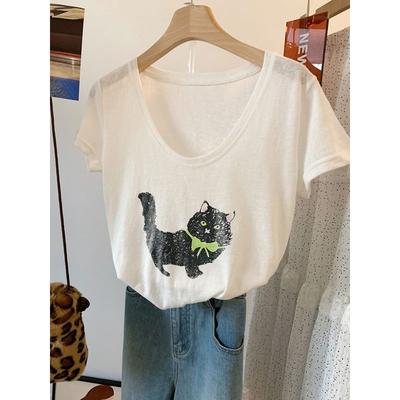 Plus-Size Vintage Cat Print V-Neck Short-Sleeve T-Shirt for Women, Summer Breathable Lightweight Top