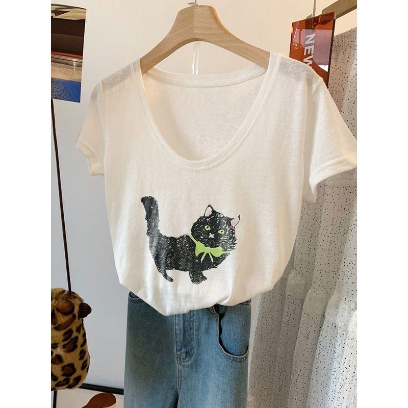Plus-Size Vintage Cat Print V-Neck Short-Sleeve T-Shirt for Women, Summer Breathable Lightweight Top