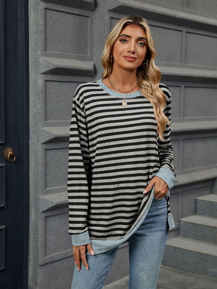 Элегантная и модная осенне-зимняя удобная однотонная полосатая футболка с круглым вырезом и длинными рукавами, повседневная футболка, свитер, толстовка с капюшоном
