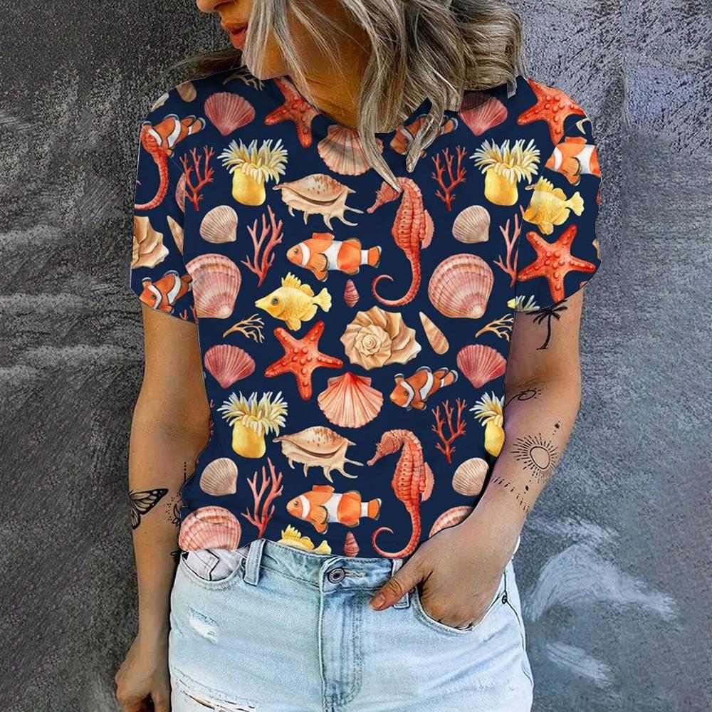 Women's T-Shirt Cartoon Little Whale 3D Printing T-Shirt Fashion Popular Oversized T-Shirt Summer Women's Round Neck T-shirt