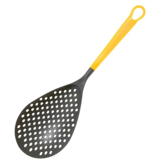 Ложка-дуршлаг, нескользящая, легко подвешивается, устойчива к высоким температурам, теплоизоляция, не допускает ожогов, быстро сливается, пластиковый мелкоячеистый ковш с прорезями