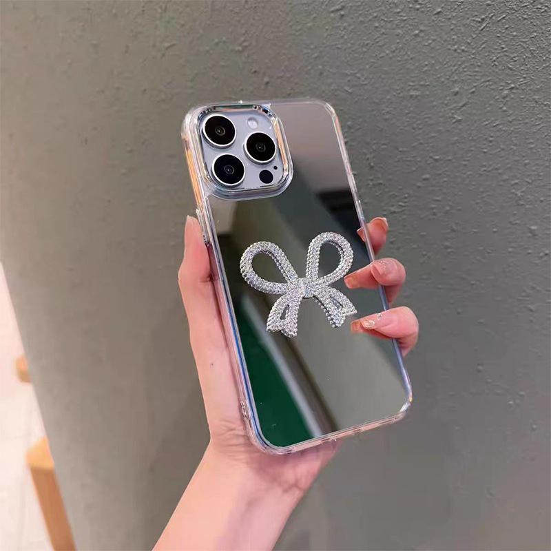 Чехол для телефона со стразами в виде сердца и банта, с зеркалом, для iPhone 17 ProMax/14/13