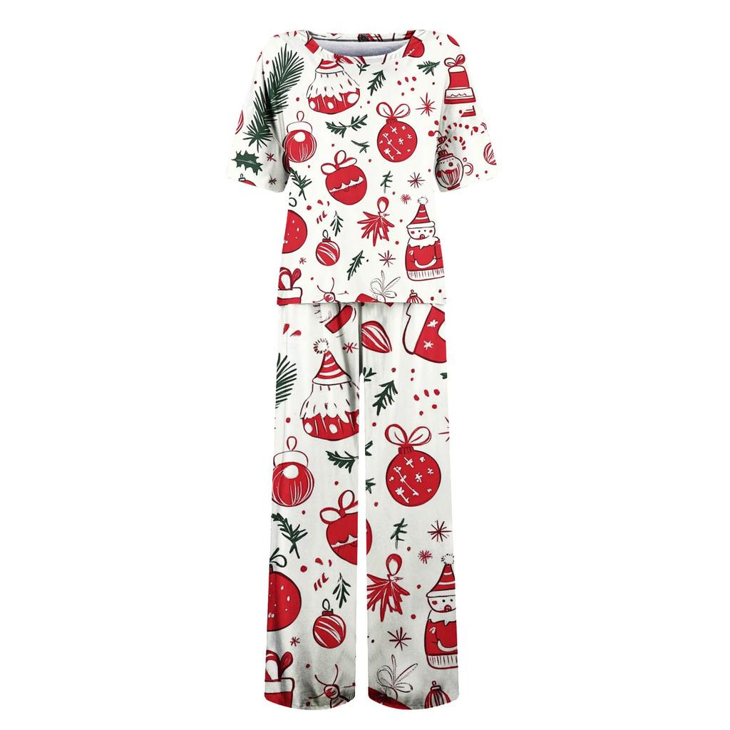 Женский шелковый атласный пижамный комплект с рождественским принтом, рубашка с коротким рукавом и длинные пижамные штаны, мягкая домашняя одежда