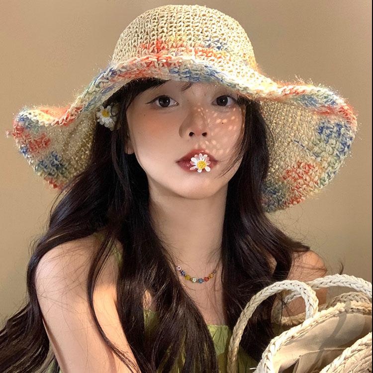 Colorful Woven Women's Summer Seaside Vacation Sun Shading Breathable Hollowed Out Large Brim Hat, Face Enhancing Small Hat