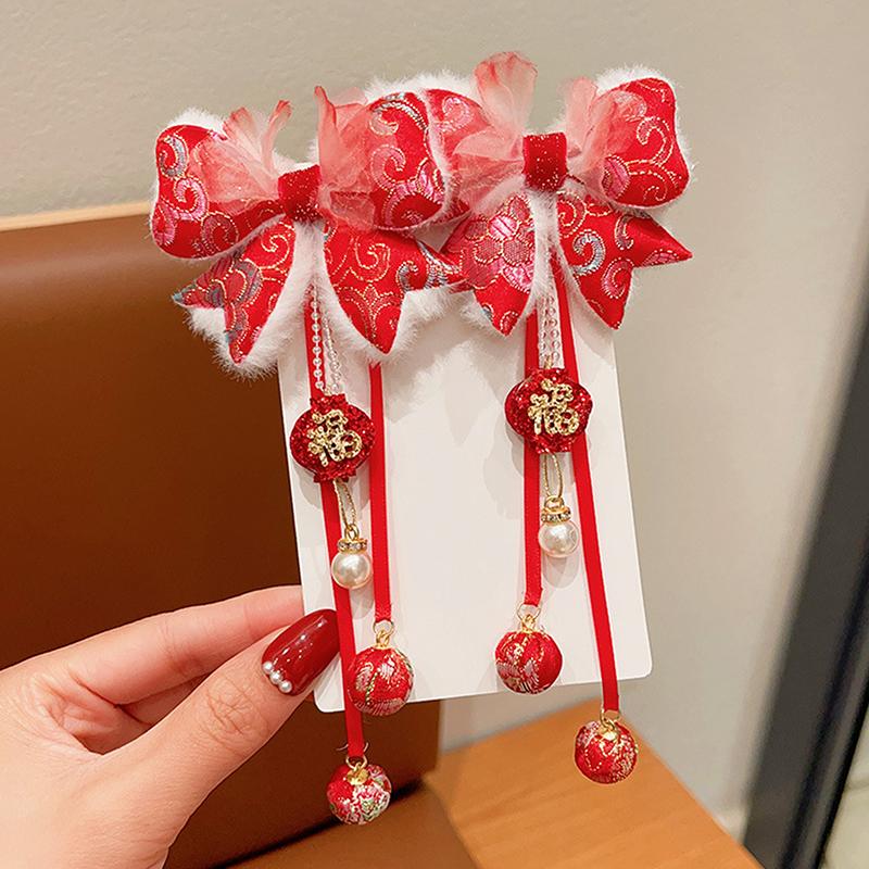 1 пара детских красных заколок-бантов для волос, кавайные аксессуары для волос, заколки для волос с кисточками в виде бабочек, универсальные заколки для волос в старинном стиле