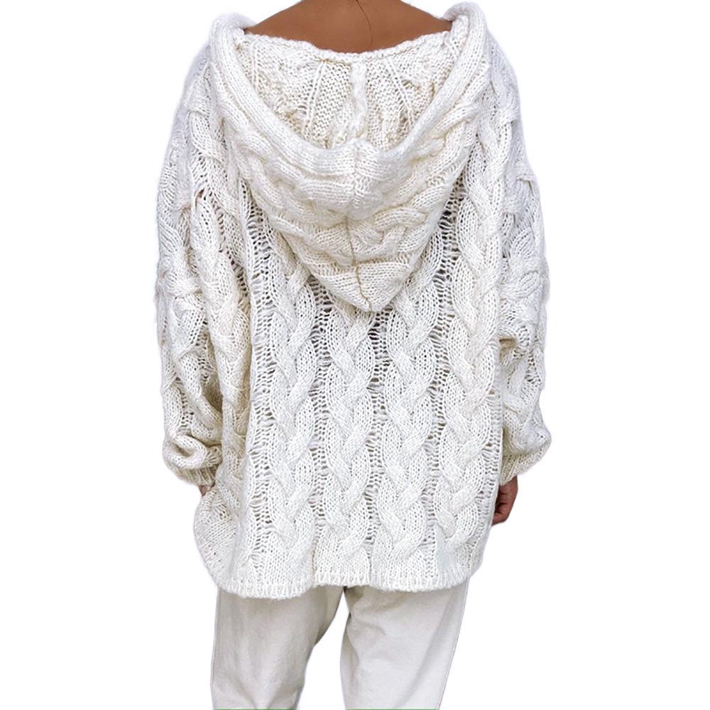 Women's Autumn and Winter Knitted Thickened Twist V-Neck Hooded Loose Sweater