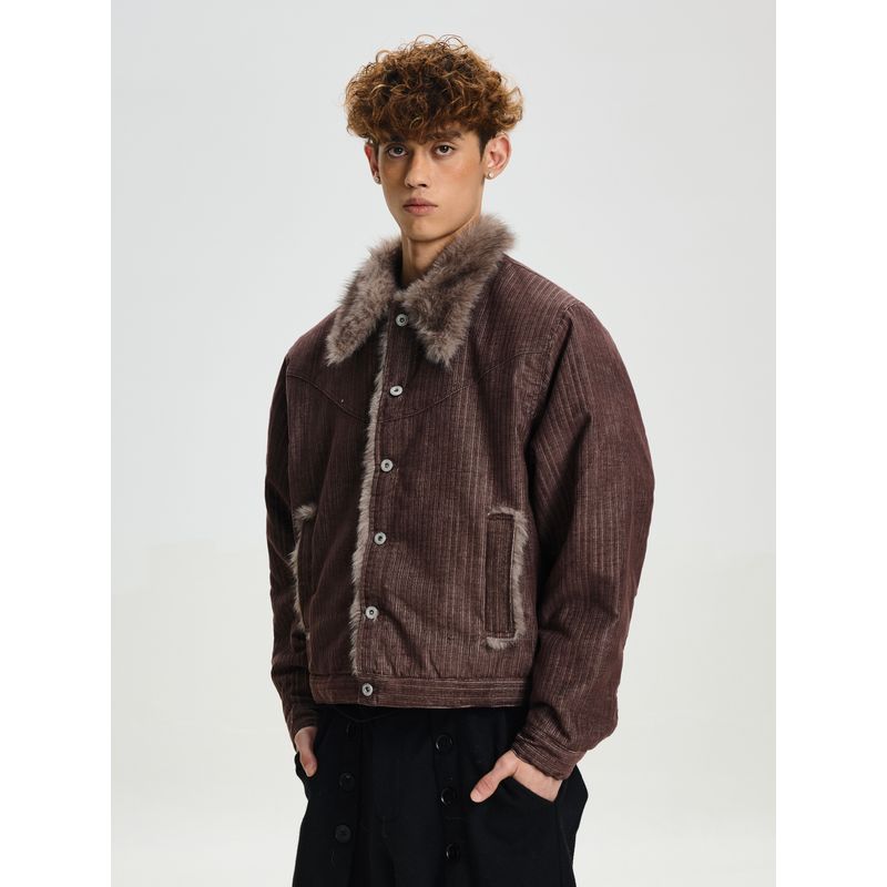 Cabbage Coke American Retro Thick Cotton Jacket for Men and Women, Loose Deconstructed Brushed High-End Fur Collar Coat