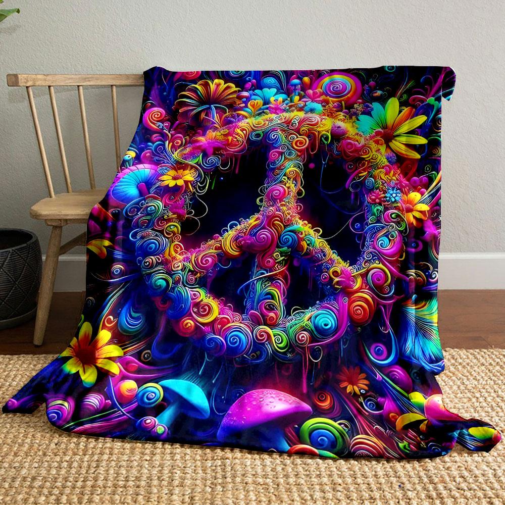 Colorful Peace Sign with Floral Design Patterned blanket, flannel, suitable for all seasons, home decor, warm and cozy