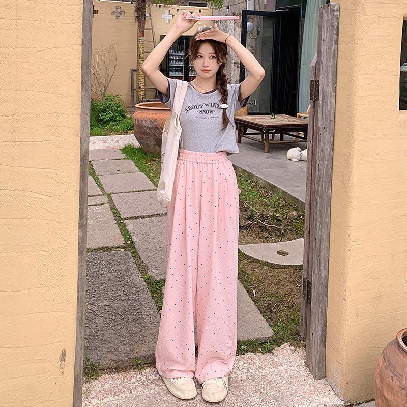 Женские летние тонкие брюки с широкими штанинами в горошек с высокой талией, прямые повседневные брюки, свободные и стройнящие, для фигуры типа «груша», прохладные брюки из ледяного шелка