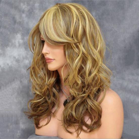 Женский длинный вьющийся парик с челкой, естественный вид, термостойкие, высокотемпературные волокна, желтый, винно-красный, светлый, волнистые, синтетические волосы