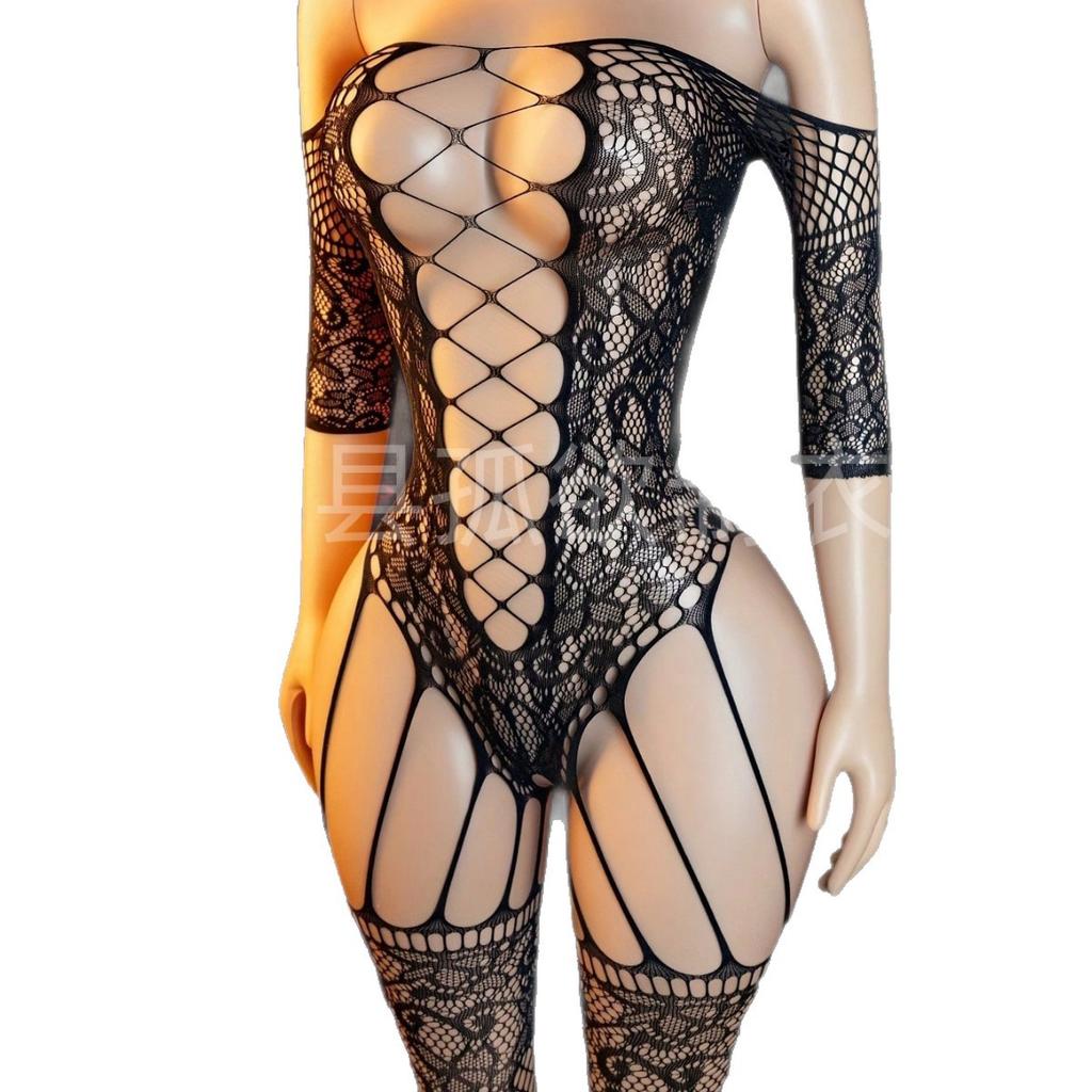 European and American temptation hollowed-out jacquard fishing net one-piece erotic underwear women's sexy transparent large-size hip-wrapped