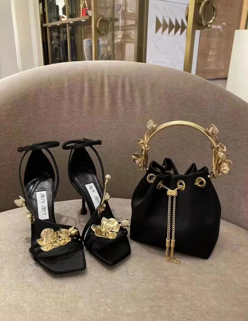 Flower High Heels Women's 2025 Summer New Cut Men's Thin Heels Square Head Open Toe One-button Rhinestone Rose Sandals