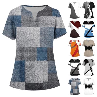 Женская мода, рабочая одежда с v-образным вырезом, короткими рукавами и карманами, топы с принтом, летние топы для женщин