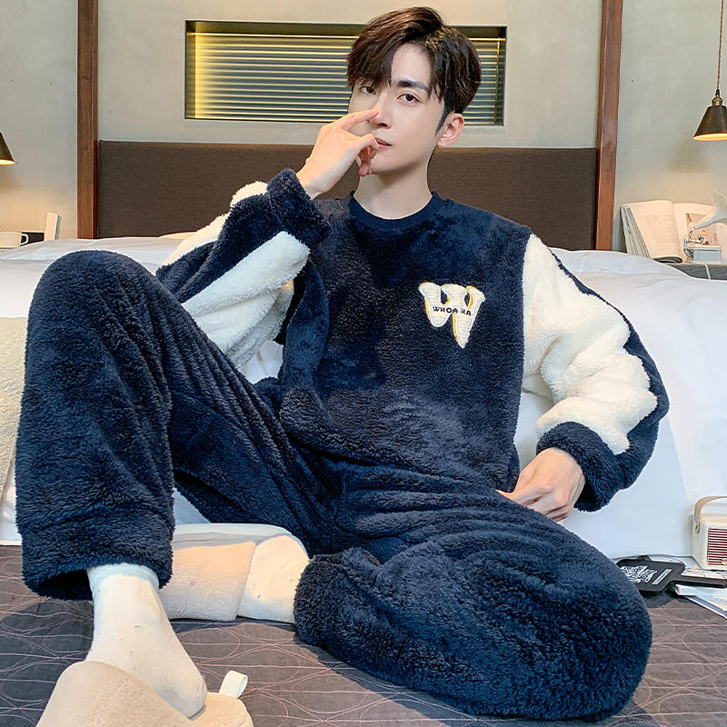 Толстая фланелевая мужская пижама, комплект на осень-зиму, плюс бархатная утолщенная пижама с длинными рукавами, теплая домашняя одежда