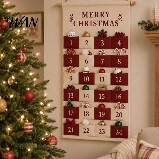 Advent Calendar with Pockets Merry Christmas 24 Numbered Pockets, Days Festive Decoration Bag Xmas Countdown Hanging Bag, Fabric Wall for Holiday
