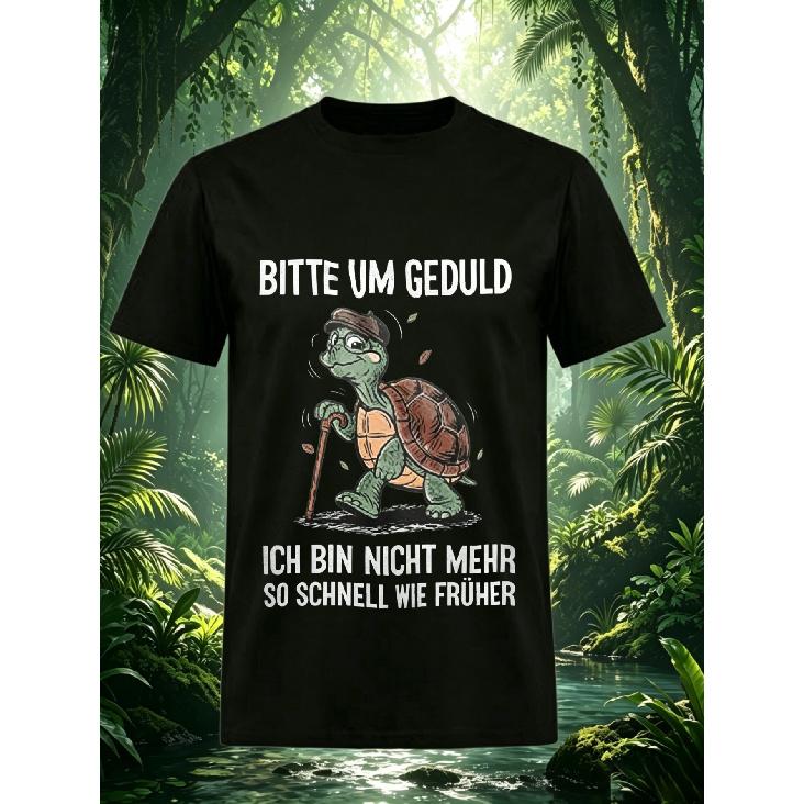Men's short sleeve cotton tee with humorous turtle graphic and German text, relaxed fit crew neck casual wear for everyday comfort