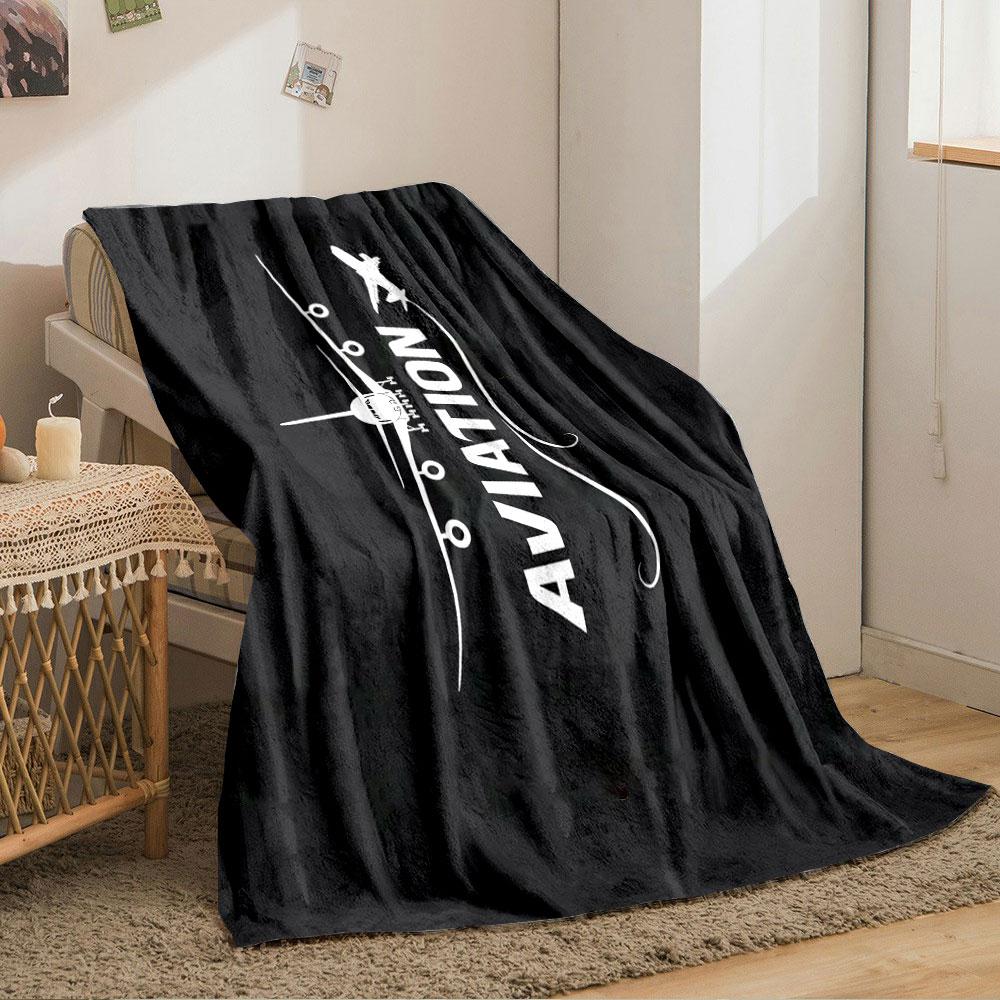 A front view of an airplane, "AVIATION" text, and a flying plane outline. for all seasons blanket lunch break throw gift