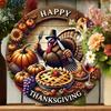 Thanksgiving Festive Sign: A "Happy Thanksgiving" 2D Round Plaque Embellished with Turkey and Autumn Harvest Decor