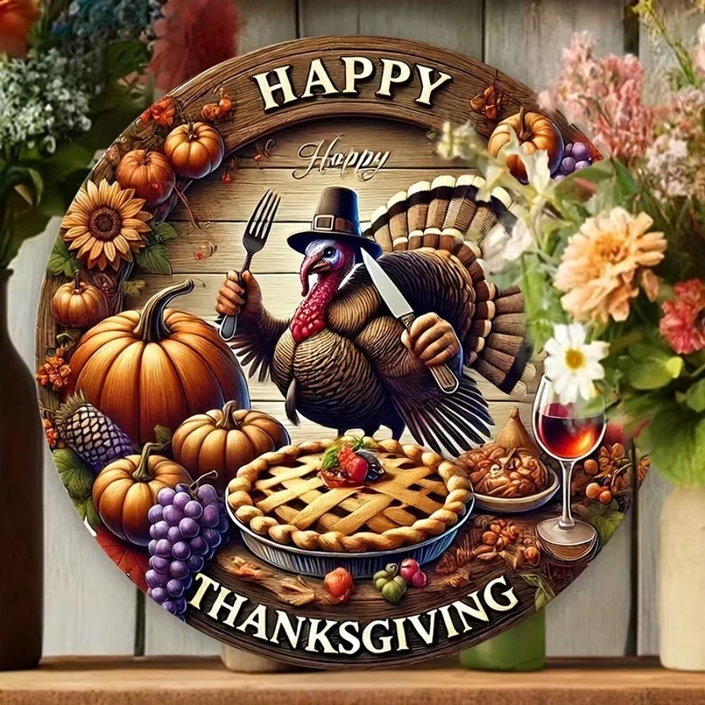 Thanksgiving Festive Sign: A "Happy Thanksgiving" 2D Round Plaque Embellished with Turkey and Autumn Harvest Decor