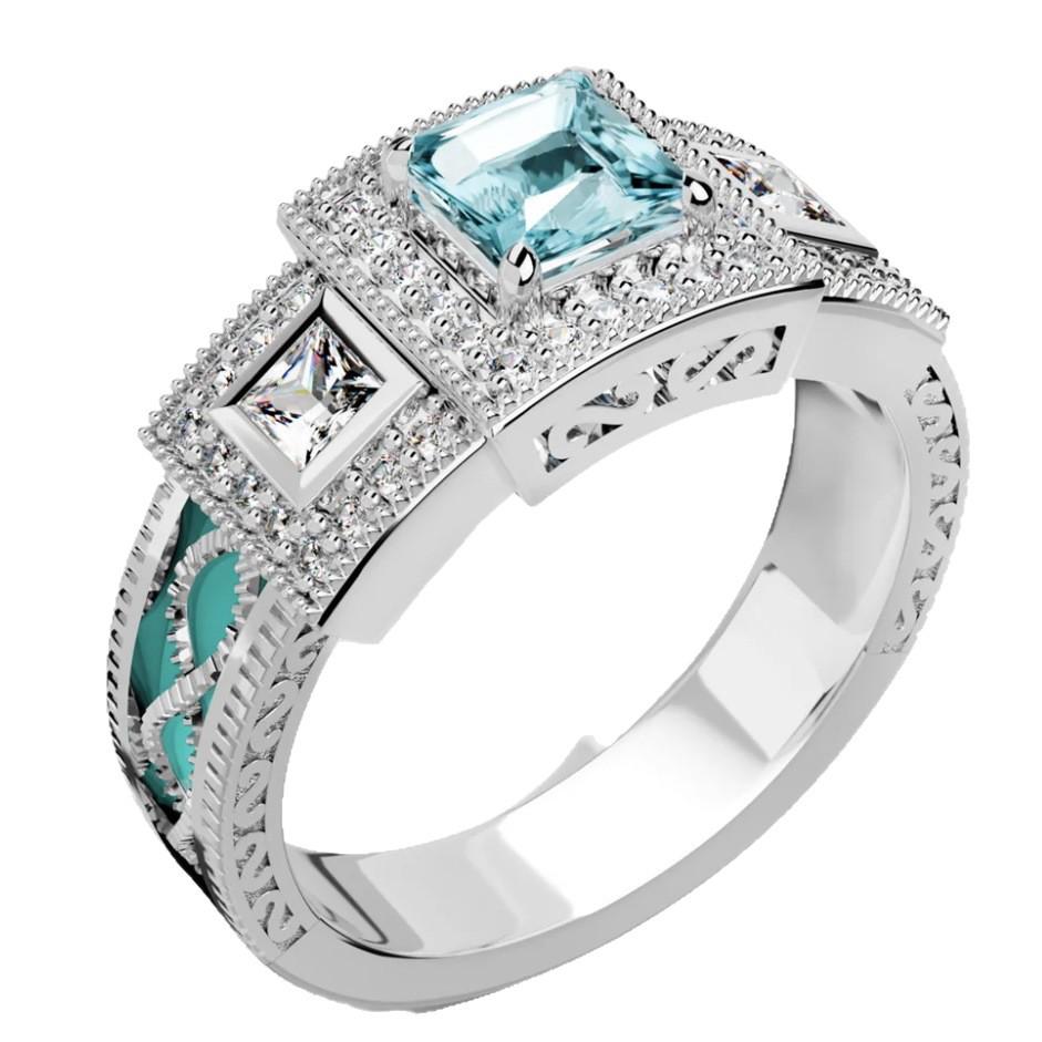Superfine Bestseller Jewelry: Drip Oil Inlaid Aquamarine and Zirconia Diamond Lace Ring.