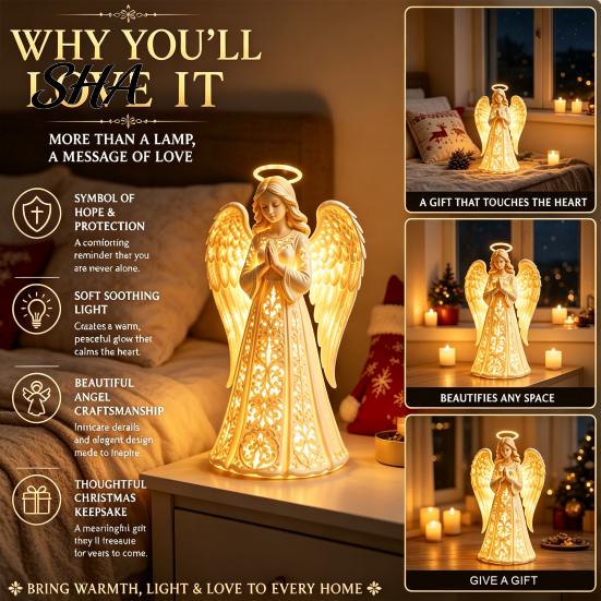 Guardian Angel Home Decor Praying Night Light, Resin Decorative Figurine with Warm LED Lights Indoor Atmosphere Lighting for Decor, Tabletop Ornament