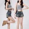 Женские джинсовые шорты А-силуэта с высокой посадкой в стиле ретро - Летние легкие эластичные шорты