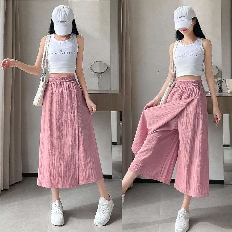 Универсальные брюки с высокой талией, юбка, летние женские повседневные свободные широкие брюки, укороченные брюки, однотонные брюки, юбка