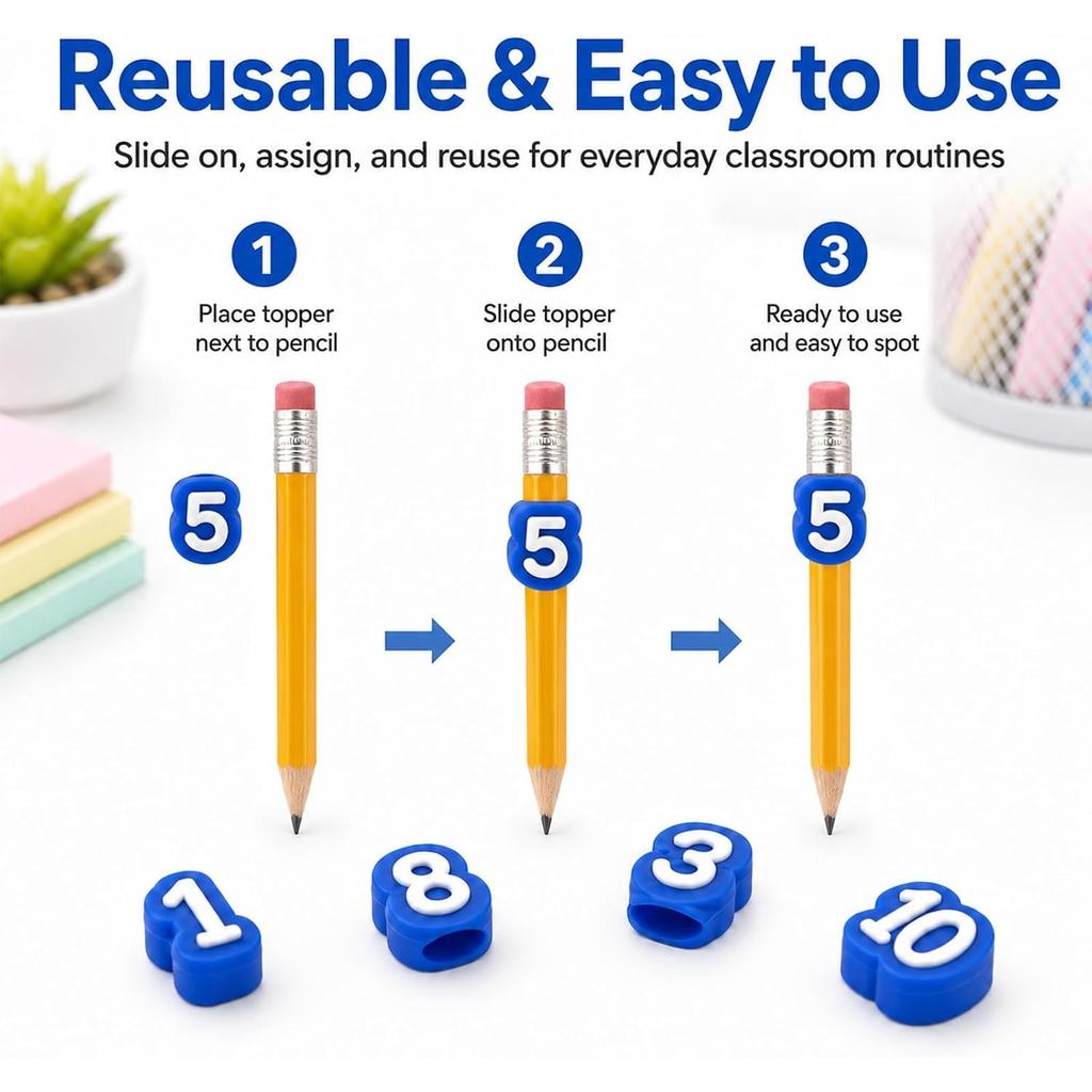 30Pcs 1‑30 Numbered Pencil Cap Covers, Reusable Classroom Pencil Labels for School Stationery Organization