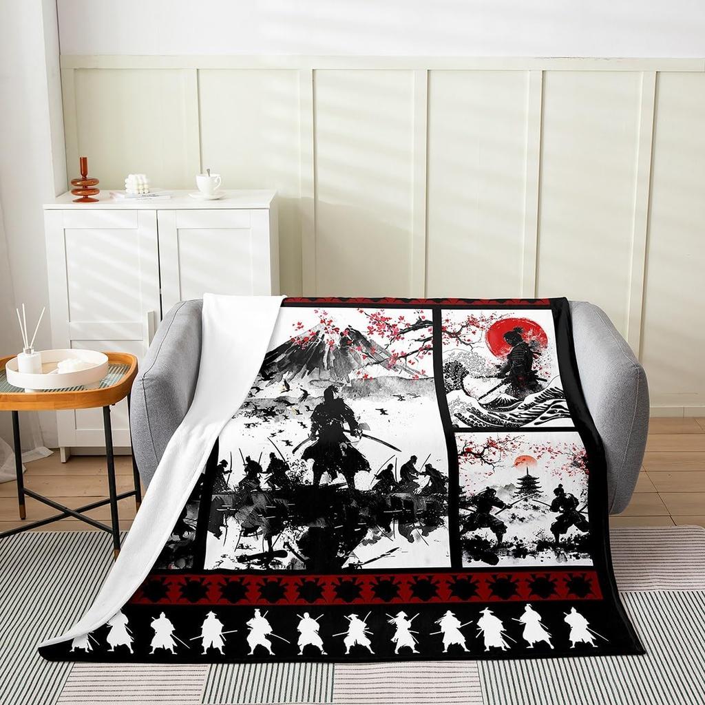 Feelyou Koi Fish Fleece Throw Blanket x Japanese Wave Cherry Blossoms Ocean Plaid Flannel Plush Fuzzy for Bed Couch Chair Living