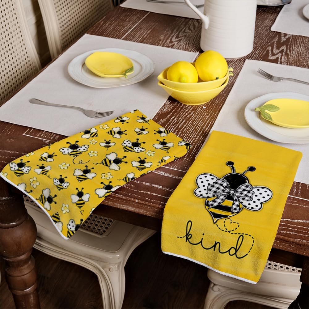 ARKENY Yellow Bee Summer Kitchen Towels Dish Towels Set of 2,Be Kind Spring Hand Towels 18x26 Inch Drying Dishcloth,Farmhouse Home Seasonal Holiday