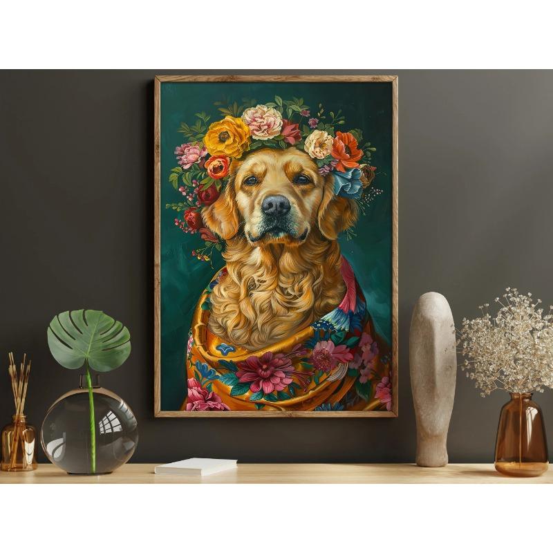 Vintage Maximalist Floral Animal Painting Golden Retriever Lion Owl Peacock Raccoon Wolf Canvas Print Decorations for Wall Art