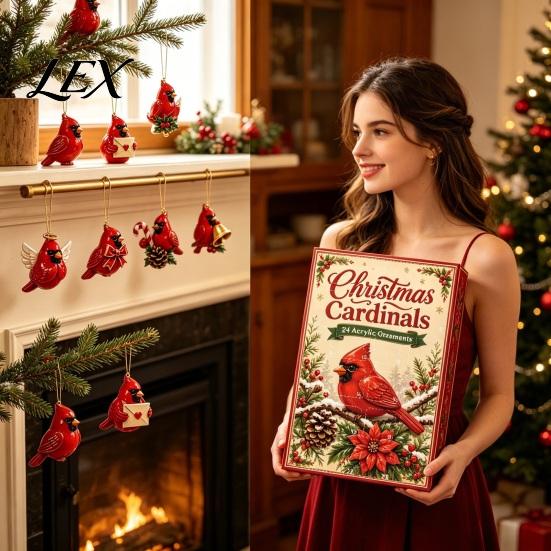 Advent Calendar for Kids Red Bird Calendar, 24-Day Christmas Countdown Set with Acrylic Ornament Collection Ornaments, 2D Tree Hanging Decor, Holiday