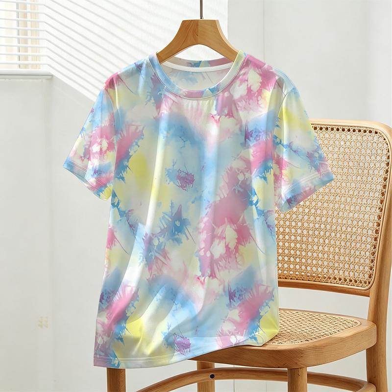 Women's Tie-Dye Basic Short Sleeve Top - Skin-friendly Casual Daily Wear, Versatile for Coffee Dates & Everyday Outings