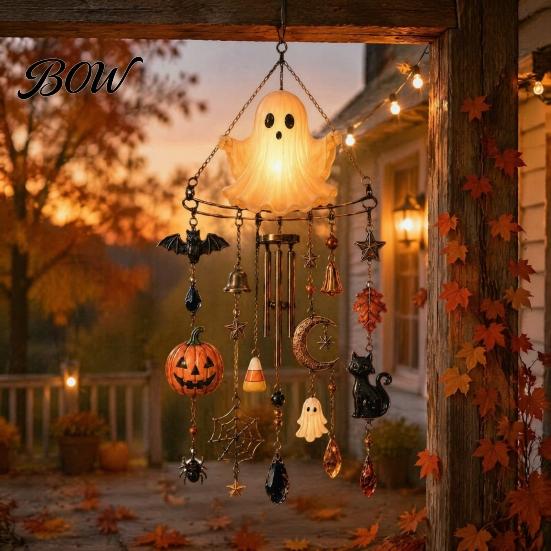 Healing Sound Wind Bell Halloween Luminous Ghost Chime, Glow-in-The-Dark Hanging Ornament with Pumpkin Bat Spooky Patio Decorations Spider Charms,