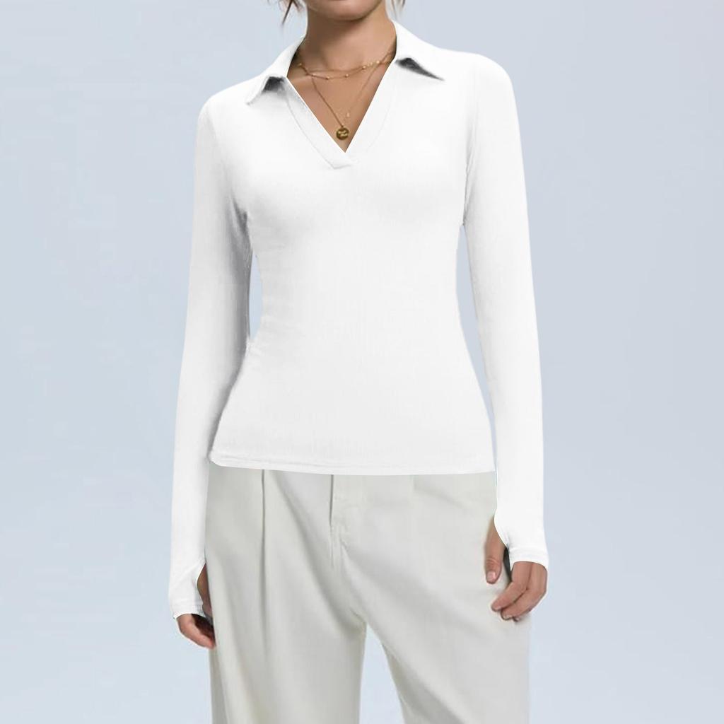 Женская мода Повседневный однотонный топ с V-образным вырезом и длинным рукавом на пуговицах