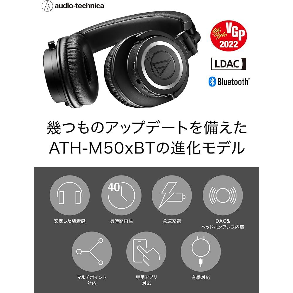 Audio-Technica ATH-M50xBT2 Беспроводные наушники DJ-наушники Bluetooth Проводные наушники 45 мм Больш...