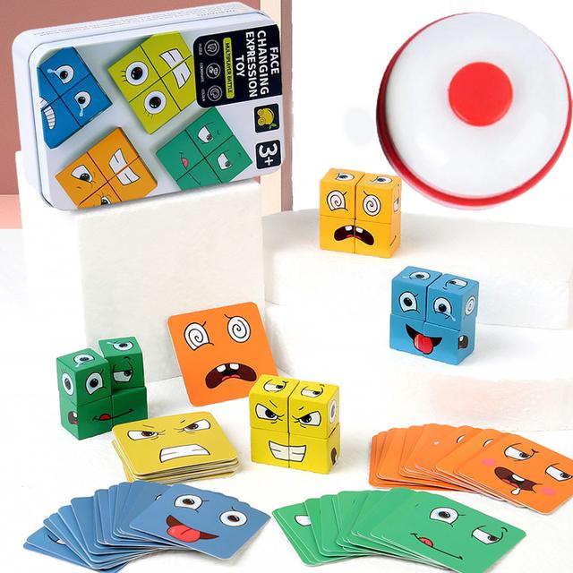 Face Changing Cube Board Card Game Building Blocks Cartoon Wooden Puzzle Montessori Anxiety Stress Relief Toys For Children Kids