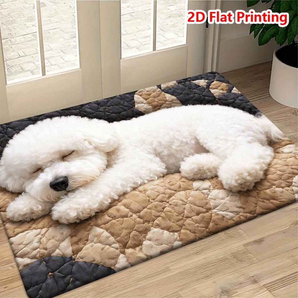 2D Flat Sleeping Bichon Frise Dog Realistic Flannel Pet Mat Non Slip Cozy Animal Rug For Bedroom Living Room Floor