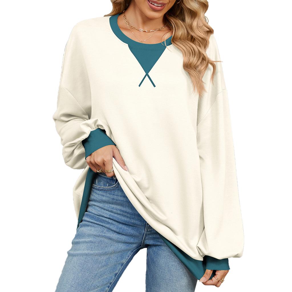 Spring and Autumn Women's Plus Size Color Collision Round Neck Loose Long Sleeve Sweatshirt Top
