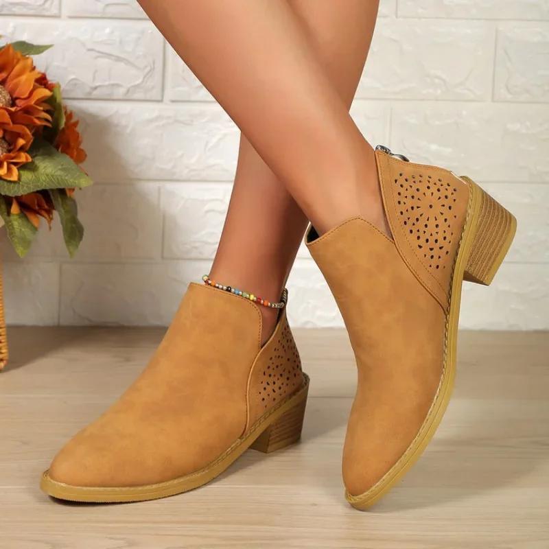 Модные женские короткие сапоги с британским острым носком на толстом каблуке, женские модные короткие сапоги с полой дизайнерской платформой, ботильоны 2024